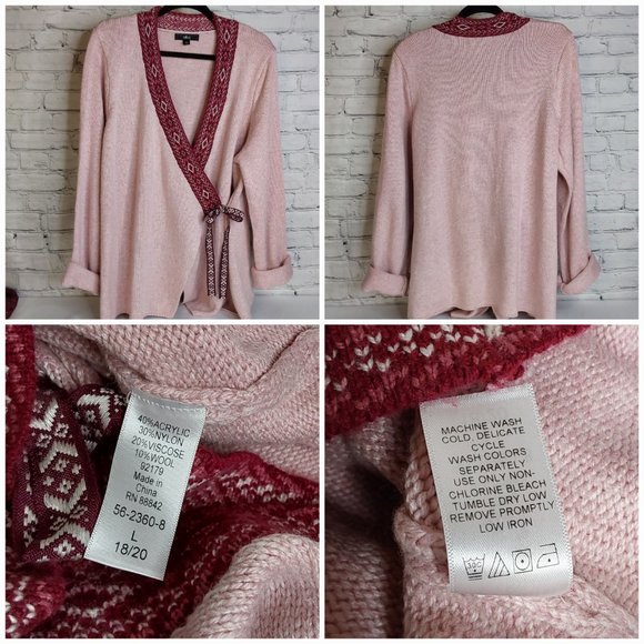 'ELLOS' TIE~WAIST CARDIGAN WRAP AZTEC CONTRASTING TRIM SOFT, ADJUSTABLE SWEATER - Picture 11 of 15